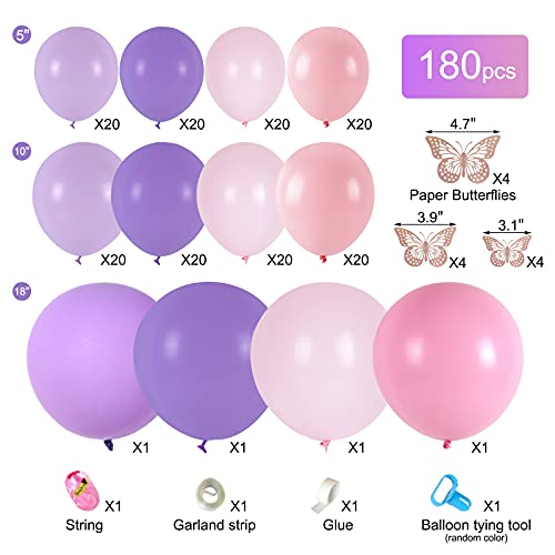 180pcs Pastel Pink Purple Balloon Garland Arch Kit Butterfly Stickers Baby Shower Decorations for Girl Birthday Party Bridal Shower Bachelorette Engagement Party Decorations by QIFU