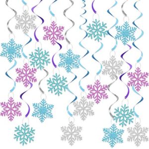 20pcs winter snowflake hanging swirls decorations, winter hanging ceiling streamers purple blue white snowflakes garland for winter wonderland new year baby shower winter birthday party decorations