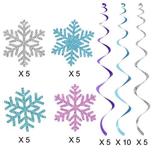 20Pcs Winter Snowflake Hanging Swirls Decorations, Winter Hanging Ceiling Streamers Purple Blue White Snowflakes Garland for Winter Wonderland New Year Baby Shower Winter Birthday Party Decorations