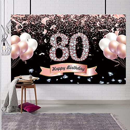 Trgowaul 80th Birthday Decorations for Women Rose Gold Birthday Backdrop Banner 5.9 X 3.6 Fts Happy Birthday Party Suppiles Photography Supplies Background Happy 80th Birthday Decoration