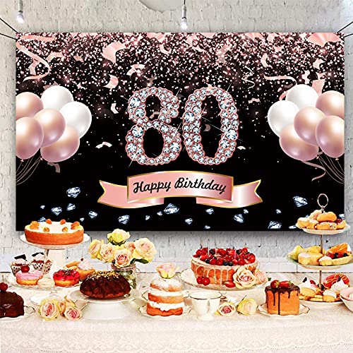 Trgowaul 80th Birthday Decorations for Women Rose Gold Birthday Backdrop Banner 5.9 X 3.6 Fts Happy Birthday Party Suppiles Photography Supplies Background Happy 80th Birthday Decoration