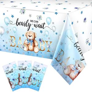 bear baby shower tablecloth plastic bear table cover we can bearly wait baby tablecloth bear balloon star flower table cover for kids birthday party and baby shower, 54 x 108 inch (blue,3 pack)