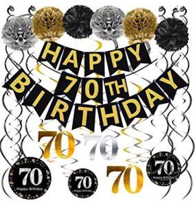 famoby black & gold glittery happy 70th birthday banner,poms,sparkling 70 hanging swirls kit for 70th birthday party 70th anniversary decorations supplies