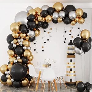 rubfac 137pcs black gold and silver balloon garland arch kit, metallic gold chrome silver balloons for graduation, birthday and new year party party decorations