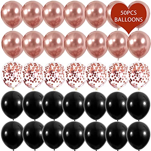 Chrome Metallic Rose Gold and Black Confetti Balloons 55 pcs 12 inch Thick Latex Balloons for Rose Gold Black Baby Bridal Shower,Women Girls Rose Gold and Black Birthday Party Decorations graduation party Supplies