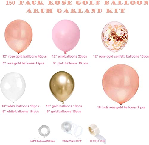 Rose Gold Balloon Garland Arch Kit, 150 Pieces Rose Gold Pink White and Gold Confetti Latex Balloons for Baby Shower Wedding Birthday Graduation Anniversary Bachelorette Party Background Decorations