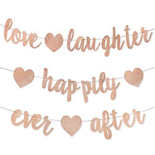 3Pcs Rose Gold Glitter Love Laughter and Happily Ever After Banner - Wedding Shower Decorations - Bridal Shower Decorations - Bachelorette, Bridal & Engagement Party Decorations (Pre-Strung Signs)