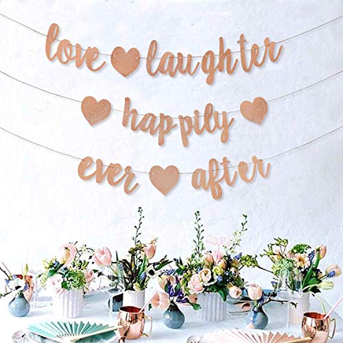 3Pcs Rose Gold Glitter Love Laughter and Happily Ever After Banner - Wedding Shower Decorations - Bridal Shower Decorations - Bachelorette, Bridal & Engagement Party Decorations (Pre-Strung Signs)