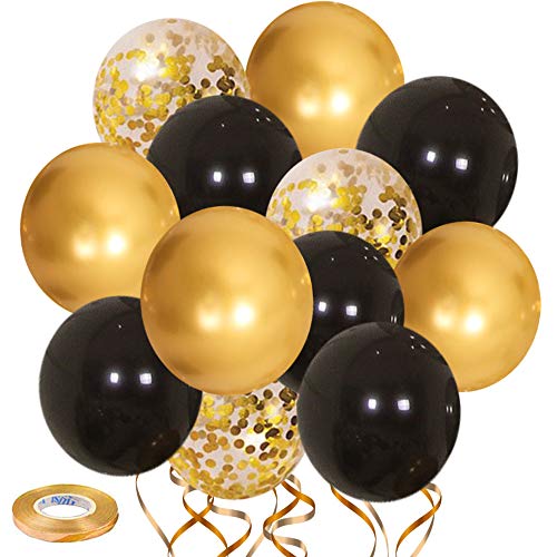 Kalyerparty Black and Gold Balloons-50pcs 12 inch Gold Confetti Balloons - Black Latex Balloons for Birthday Wedding Baby Shower Celebration Graduation Party Balloons