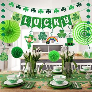 St Patricks Day Decorations, St Patricks day decor Set with 1 Lucky Banner, 1 Felt Shamrock Garland, 14 Swirl Strings, 4 Glitter Shamrock Strings, 6 Tissue Pom Poms, 2 Paper Fans for Party Supplies