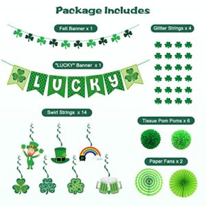 St Patricks Day Decorations, St Patricks day decor Set with 1 Lucky Banner, 1 Felt Shamrock Garland, 14 Swirl Strings, 4 Glitter Shamrock Strings, 6 Tissue Pom Poms, 2 Paper Fans for Party Supplies