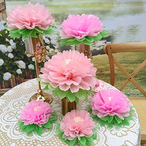 Mybbshower Pinks Flowers Decoration (11''-7'' Assorted) 6 pcs Artificial Tissue Paper Peony Nursery Wall Bridal Shower Centerpiece Baby Girl Birthday Tea Party