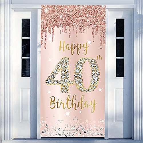 40th Birthday Door Banner Decorations for Women, Pink Rose Gold Happy 40th Birthday Door Cover Party Supplies, Large Forty Year Old Birthday Poster Backdrop Sign Decor