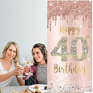 40th Birthday Door Banner Decorations for Women, Pink Rose Gold Happy 40th Birthday Door Cover Party Supplies, Large Forty Year Old Birthday Poster Backdrop Sign Decor