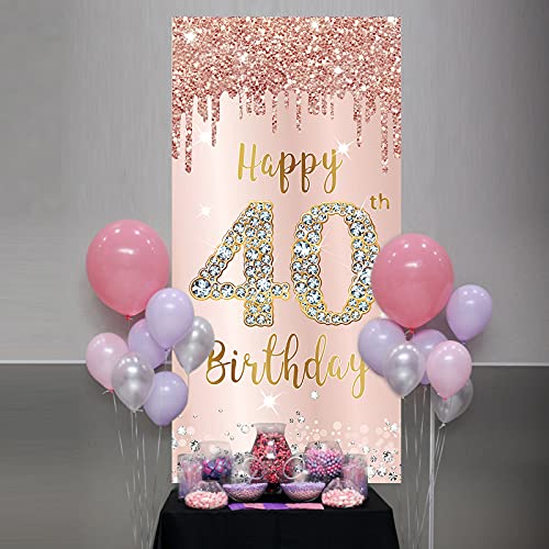 40th Birthday Door Banner Decorations for Women, Pink Rose Gold Happy 40th Birthday Door Cover Party Supplies, Large Forty Year Old Birthday Poster Backdrop Sign Decor