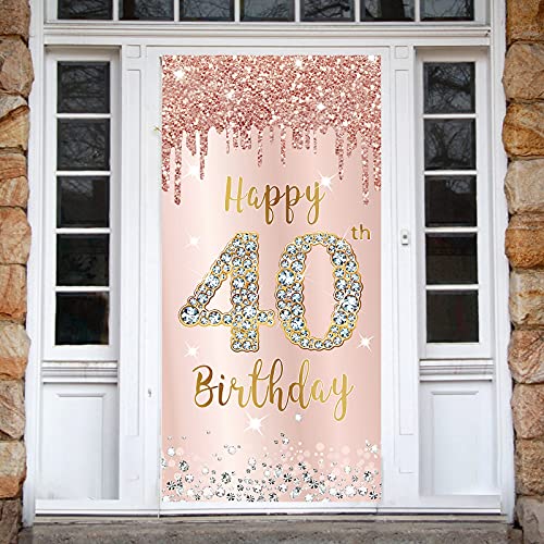 40th Birthday Door Banner Decorations for Women, Pink Rose Gold Happy 40th Birthday Door Cover Party Supplies, Large Forty Year Old Birthday Poster Backdrop Sign Decor