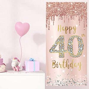 40th Birthday Door Banner Decorations for Women, Pink Rose Gold Happy 40th Birthday Door Cover Party Supplies, Large Forty Year Old Birthday Poster Backdrop Sign Decor