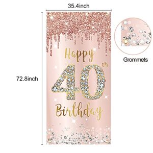 40th Birthday Door Banner Decorations for Women, Pink Rose Gold Happy 40th Birthday Door Cover Party Supplies, Large Forty Year Old Birthday Poster Backdrop Sign Decor