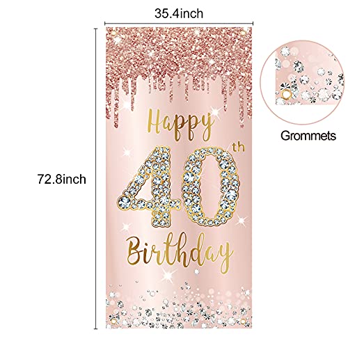 40th Birthday Door Banner Decorations for Women, Pink Rose Gold Happy 40th Birthday Door Cover Party Supplies, Large Forty Year Old Birthday Poster Backdrop Sign Decor