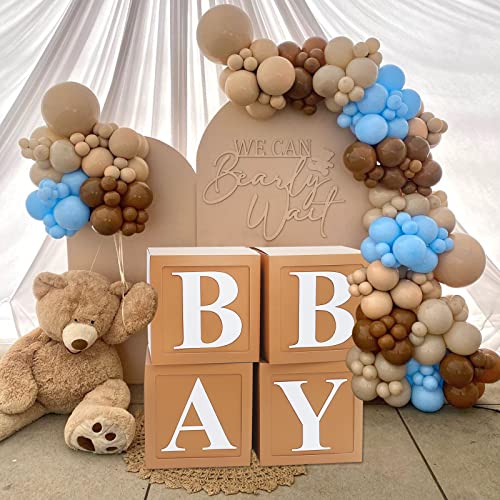 Teddy Bear Baby Shower Boxes Decorations, 4pcs Brown Baby Shower Blocks with Letters, Stereoscopic Babyshower Balloon Boxes for Woodland Baby Shower Decor Boys Girls Gender Reveal Backdrop