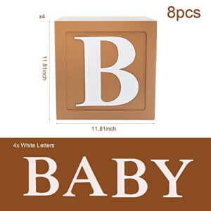 Teddy Bear Baby Shower Boxes Decorations, 4pcs Brown Baby Shower Blocks with Letters, Stereoscopic Babyshower Balloon Boxes for Woodland Baby Shower Decor Boys Girls Gender Reveal Backdrop