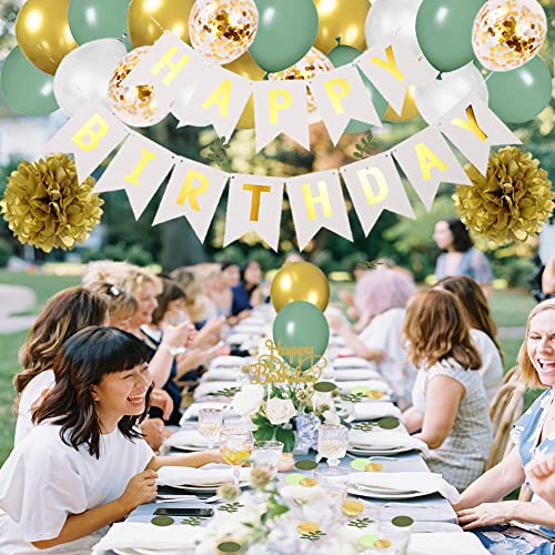Sage Green Party Decorations White Happy Birthday Banner Sage Green and Gold Balloons Olive Green Confetti Dots Scatter Table Decoration for Girls Women Birthday Baby Shower Party Supplies