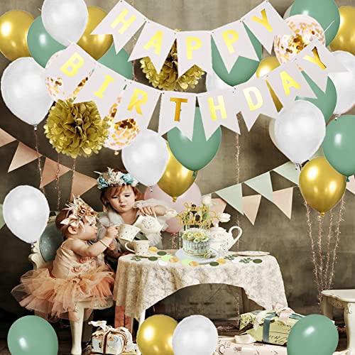 Sage Green Party Decorations White Happy Birthday Banner Sage Green and Gold Balloons Olive Green Confetti Dots Scatter Table Decoration for Girls Women Birthday Baby Shower Party Supplies