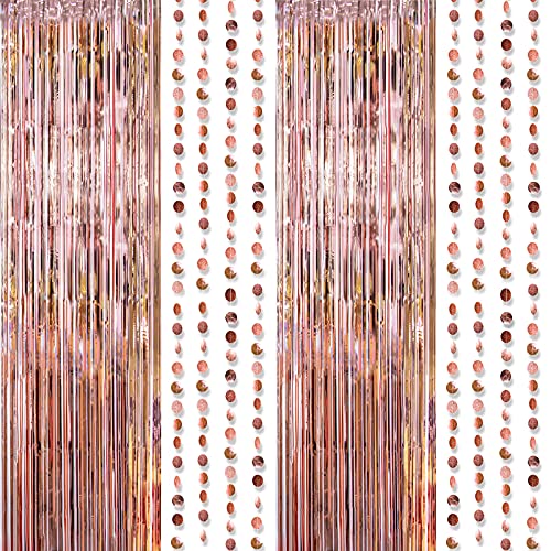 Rose Gold Party Decoration Foil Tinsel Fringe Curtain backdrop with Hanging Circle Garland for Birthday Party Wedding Engagement Background Bridal Baby Shower Birthday Sweet 16 Party Supplies