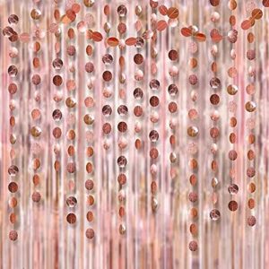 Rose Gold Party Decoration Foil Tinsel Fringe Curtain backdrop with Hanging Circle Garland for Birthday Party Wedding Engagement Background Bridal Baby Shower Birthday Sweet 16 Party Supplies