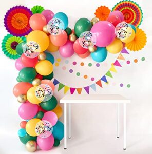 cinco de mayo fiesta party decorations – mexican themed balloons garland arch kit + paper fans for birthday decor supplies (no air pump,dot&pennant banner)