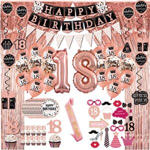 18th birthday decorations for girls - (76pack) rose gold party Banner, Pennant, Hanging Swirl, birthday Balloons, Foil Backdrops, cupcake Topper, plates, Photo Props,Sash,happy 18th Birthday gifts