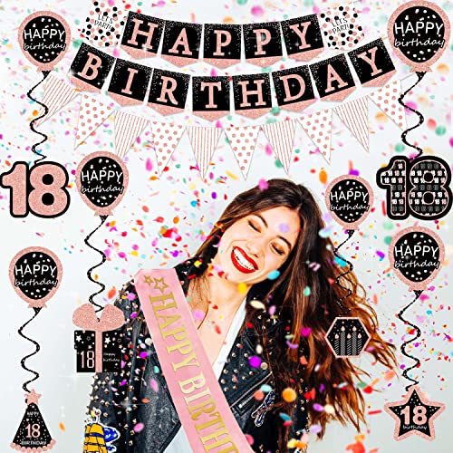 18th birthday decorations for girls - (76pack) rose gold party Banner, Pennant, Hanging Swirl, birthday Balloons, Foil Backdrops, cupcake Topper, plates, Photo Props,Sash,happy 18th Birthday gifts