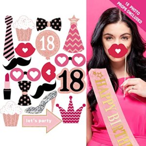 18th birthday decorations for girls - (76pack) rose gold party Banner, Pennant, Hanging Swirl, birthday Balloons, Foil Backdrops, cupcake Topper, plates, Photo Props,Sash,happy 18th Birthday gifts