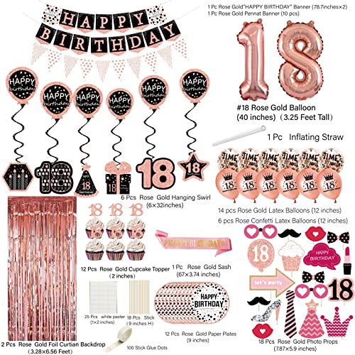 18th birthday decorations for girls - (76pack) rose gold party Banner, Pennant, Hanging Swirl, birthday Balloons, Foil Backdrops, cupcake Topper, plates, Photo Props,Sash,happy 18th Birthday gifts