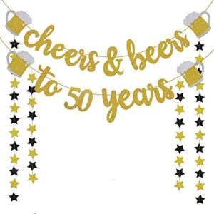 50th birthday decorations for men/women – 50th birthday gifts – cheers & beers to 50 years gold glitter banner – 50th anniversary decorations for party, 50th wedding party supplies for couple