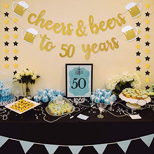 50th Birthday Decorations for Men/Women - 50th Birthday Gifts - Cheers & Beers to 50 Years Gold Glitter Banner - 50th Anniversary Decorations for Party, 50th Wedding Party Supplies for Couple