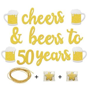 50th Birthday Decorations for Men/Women - 50th Birthday Gifts - Cheers & Beers to 50 Years Gold Glitter Banner - 50th Anniversary Decorations for Party, 50th Wedding Party Supplies for Couple