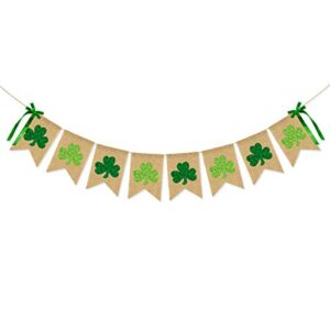 cavla glittery shamrock burlap banner st. patrick’s day green shamrock clover banner garland with bows saint patrick’s day party decorations for irish lucky day st. patty’s day home outdoor decor