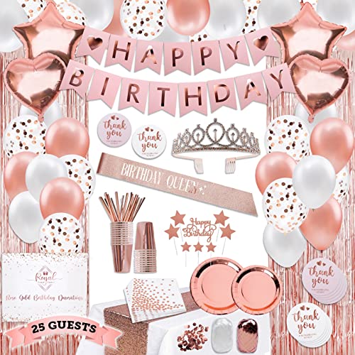 225 Pc Rose Gold Birthday Party Decorations Kit for Girls, Teens Or Women - Happy Birthday Pre-Strung Banners, Curtains,Table Runner, Balloons, Sash, Tiara, Cake Toppers, Plates, Cups, Napkins Straws for 25 Guest & Thank You Stickers