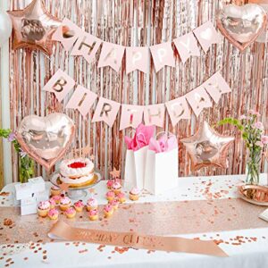 225 Pc Rose Gold Birthday Party Decorations Kit for Girls, Teens Or Women - Happy Birthday Pre-Strung Banners, Curtains,Table Runner, Balloons, Sash, Tiara, Cake Toppers, Plates, Cups, Napkins Straws for 25 Guest & Thank You Stickers