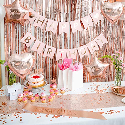 225 Pc Rose Gold Birthday Party Decorations Kit for Girls, Teens Or Women - Happy Birthday Pre-Strung Banners, Curtains,Table Runner, Balloons, Sash, Tiara, Cake Toppers, Plates, Cups, Napkins Straws for 25 Guest & Thank You Stickers