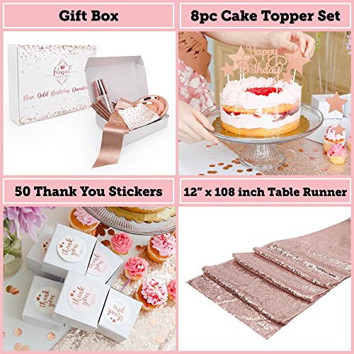 225 Pc Rose Gold Birthday Party Decorations Kit for Girls, Teens Or Women - Happy Birthday Pre-Strung Banners, Curtains,Table Runner, Balloons, Sash, Tiara, Cake Toppers, Plates, Cups, Napkins Straws for 25 Guest & Thank You Stickers