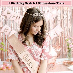 225 Pc Rose Gold Birthday Party Decorations Kit for Girls, Teens Or Women - Happy Birthday Pre-Strung Banners, Curtains,Table Runner, Balloons, Sash, Tiara, Cake Toppers, Plates, Cups, Napkins Straws for 25 Guest & Thank You Stickers