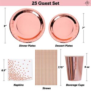 225 Pc Rose Gold Birthday Party Decorations Kit for Girls, Teens Or Women - Happy Birthday Pre-Strung Banners, Curtains,Table Runner, Balloons, Sash, Tiara, Cake Toppers, Plates, Cups, Napkins Straws for 25 Guest & Thank You Stickers