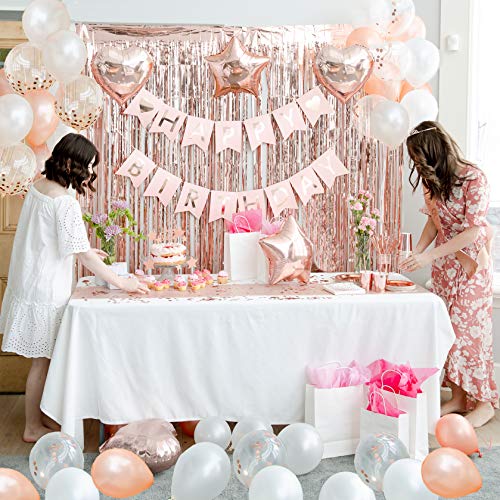 225 Pc Rose Gold Birthday Party Decorations Kit for Girls, Teens Or Women - Happy Birthday Pre-Strung Banners, Curtains,Table Runner, Balloons, Sash, Tiara, Cake Toppers, Plates, Cups, Napkins Straws for 25 Guest & Thank You Stickers