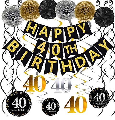 Famoby Gold Glittery Happy 40th Birthday Banner,Poms,Sparkling 40 Hanging Swirls Kit for 40th Birthday Party 40th Anniversary Decorations