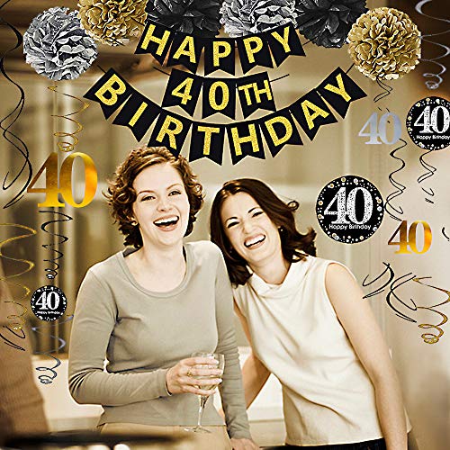 Famoby Gold Glittery Happy 40th Birthday Banner,Poms,Sparkling 40 Hanging Swirls Kit for 40th Birthday Party 40th Anniversary Decorations