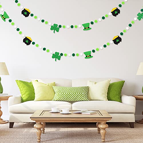 AnyDesign St. Patrick's Day Felt Pom Pom Banner Shamrock Hat Pot Felt Garland Green White Pom Ball Party Hanging Bunting Banner for Irish Holiday Home Mantel Wall Window Decor Party Supplies, 8.2Ft