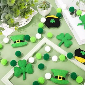 AnyDesign St. Patrick's Day Felt Pom Pom Banner Shamrock Hat Pot Felt Garland Green White Pom Ball Party Hanging Bunting Banner for Irish Holiday Home Mantel Wall Window Decor Party Supplies, 8.2Ft