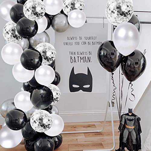 Bezente Black Silver Confetti Latex Balloons,60pcs 12 inch Black White Silver Metallic Chrome and Silver Confetti Balloons for Birthday, Baby Shower, Wedding, and Silver Theme Party Decoration